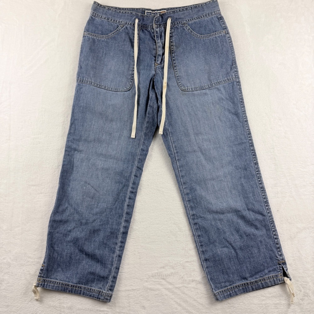 Vintage Old Navy Blue Jeans Just Below Waist Wide Leg Drawstring Women 2